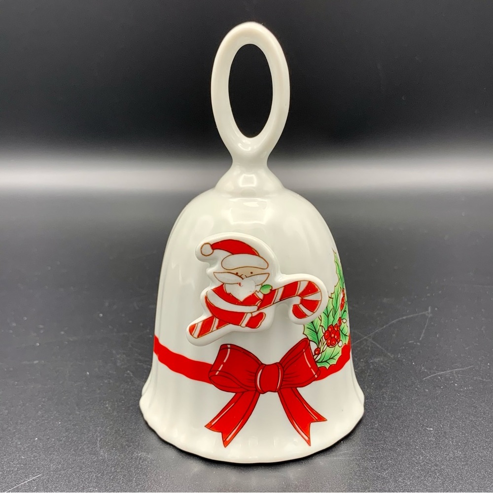 Vintage Christmas Bell Ceramic 3D Santa Claus + Candy Cane 5.5” Has Clapper EUC